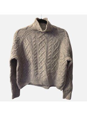 VINCE Cable Knit Cashmere Wool Sweater S Soft Mock Neck Pullover Boxy Light Gray
